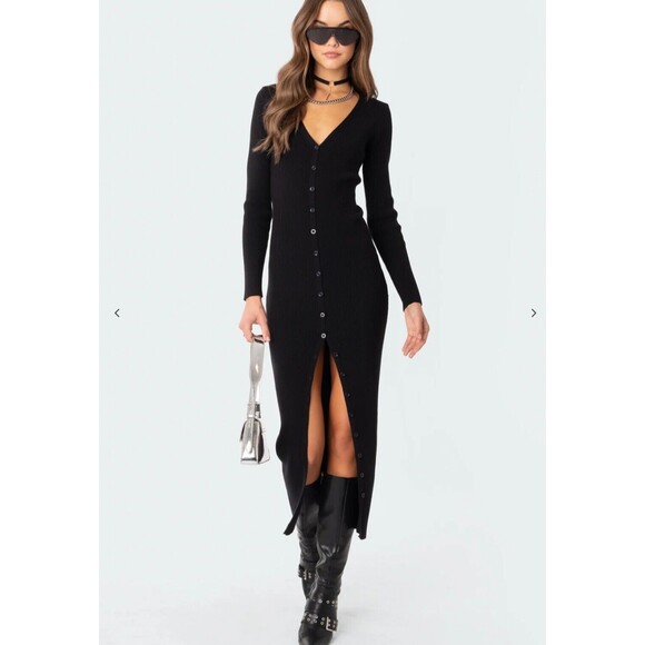NWT Edikted Jazlyn Black Button Up Sweater Dress - M - Picture 1 of 7